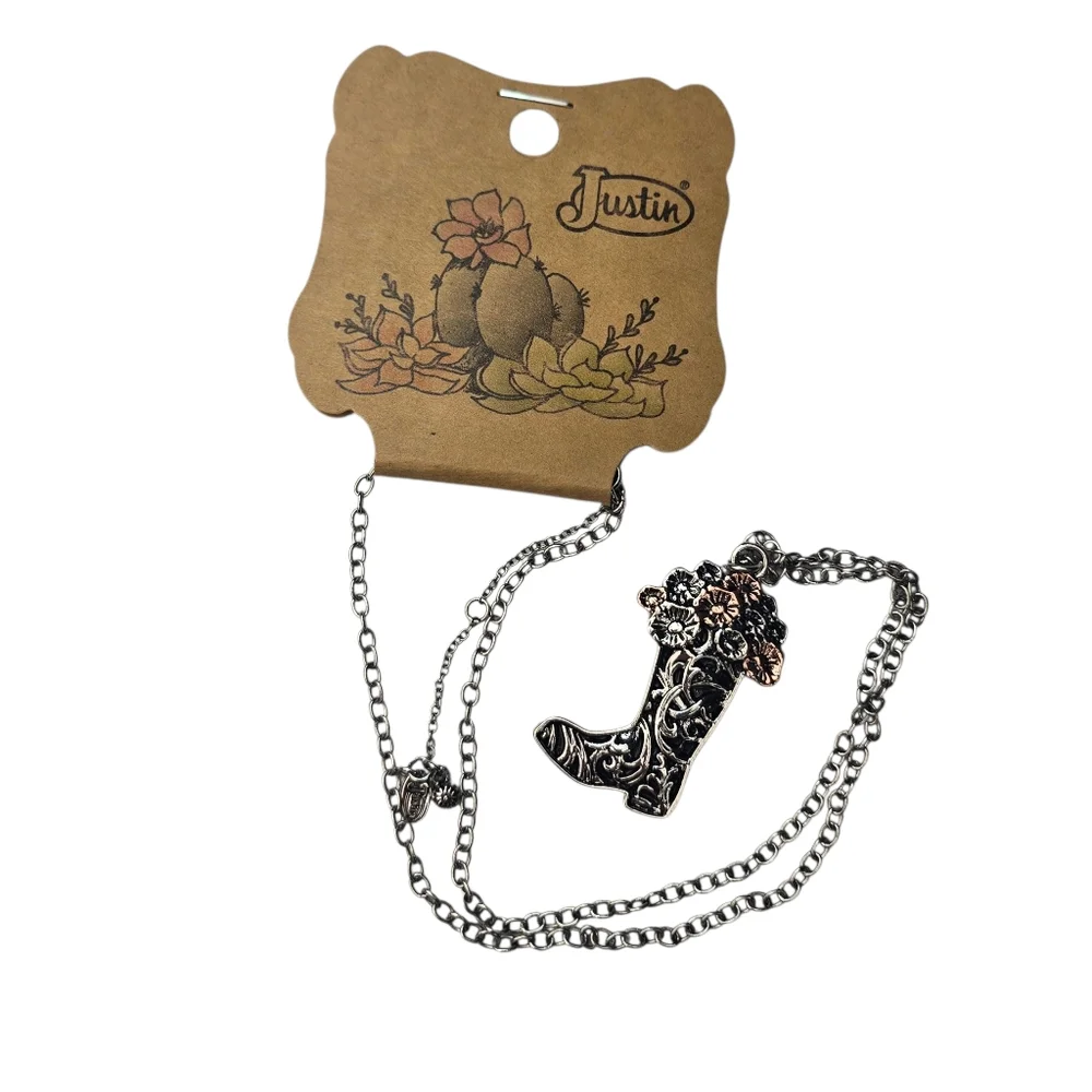 Justin Boots Silver And Rose Toned Cowgirl‎ Boot Pendant Necklace